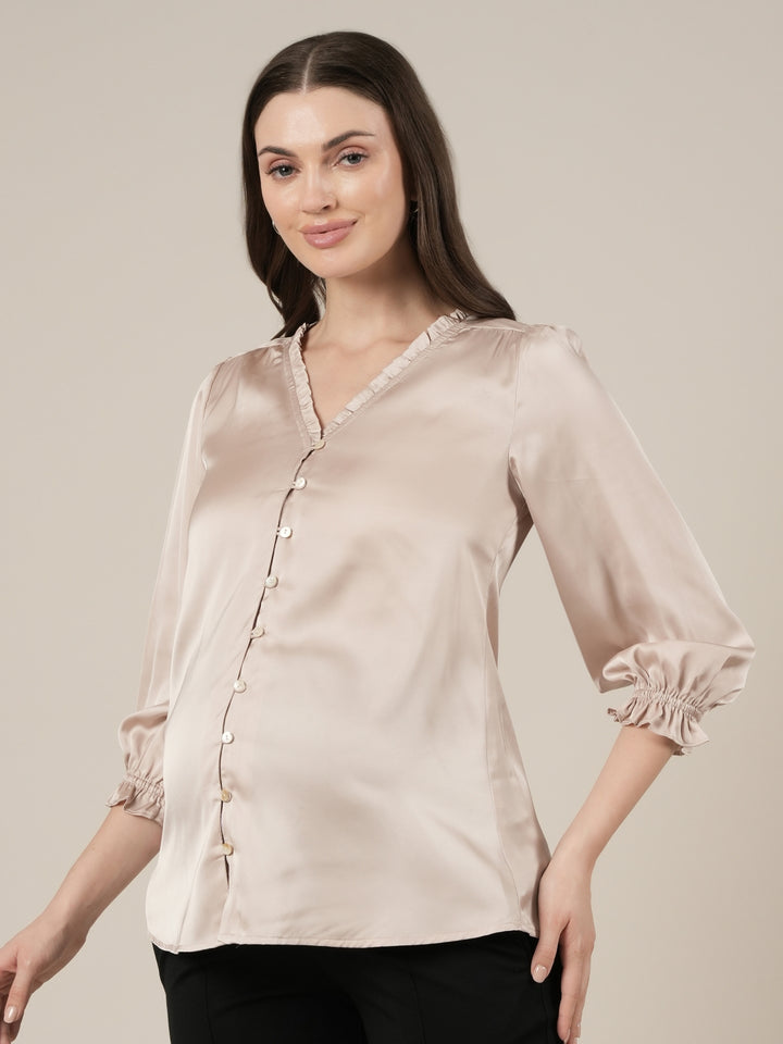 Beige Maternity & Nursing Satin Formal Shirt