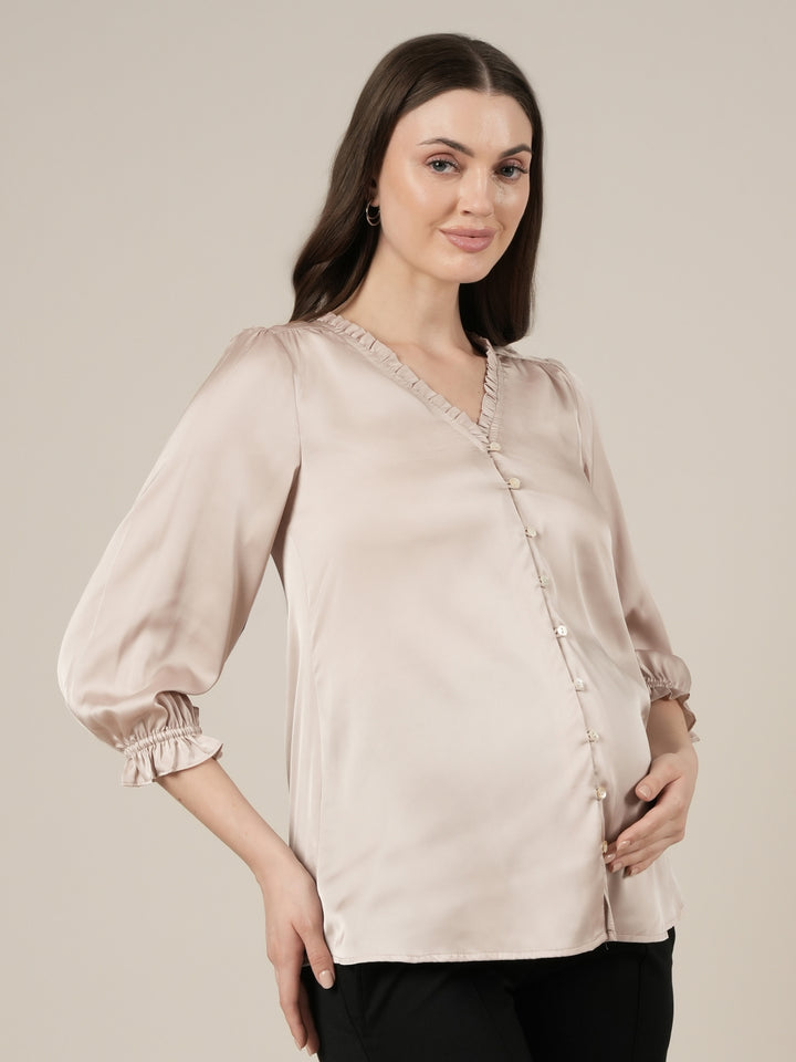 Beige Maternity & Nursing Satin Formal Shirt
