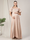 Maternity Pleated Beige Satin Gown with Detachable Bow