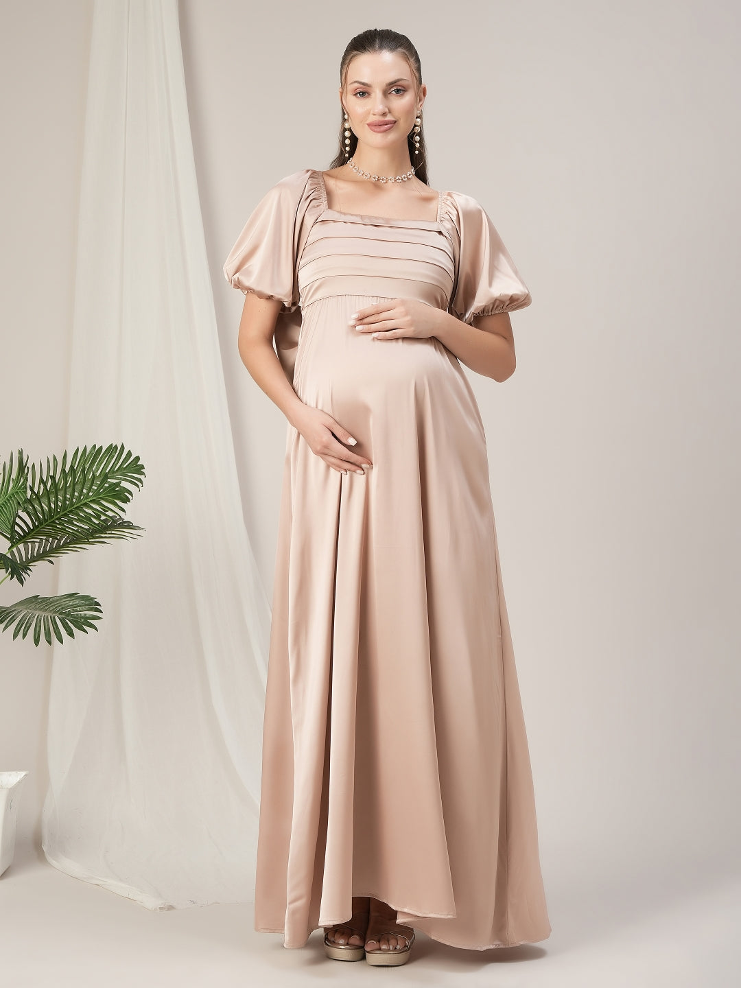 Beige Pleated Maternity Satin Gown with Detachable Bow Beige Pleated Maternity Satin Gown with Detachable Bow