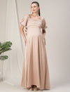 Maternity Pleated Beige Satin Gown with Detachable Bow
