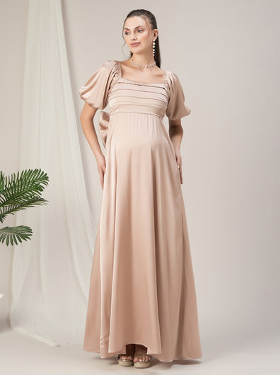 Maternity Pleated Beige Satin Gown with Detachable Bow