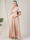 Maternity Pleated Beige Satin Gown with Detachable Bow