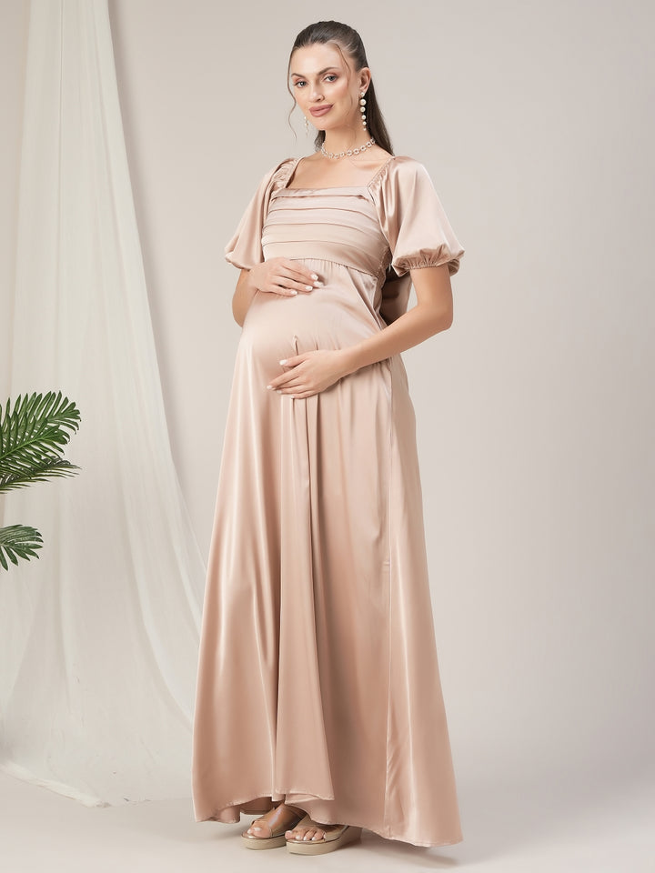 Beige Pleated Maternity Satin Gown with Detachable Bow