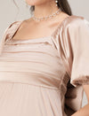 Maternity Pleated Beige Satin Gown with Detachable Bow