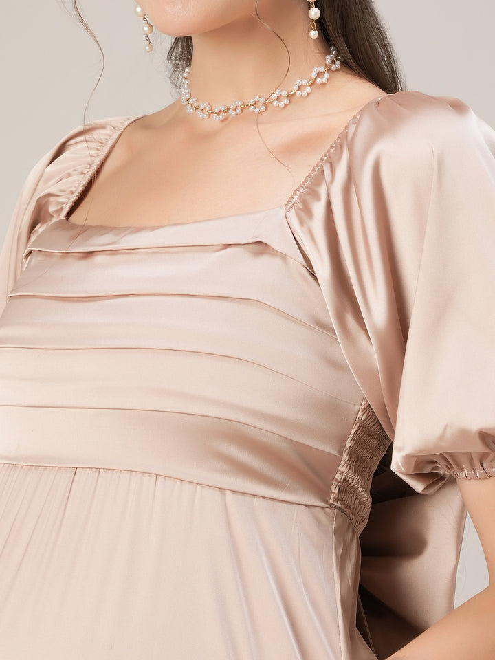 Maternity Pleated Beige Satin Gown with Detachable Bow