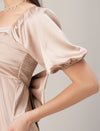 Maternity Pleated Beige Satin Gown with Detachable Bow