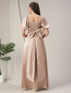 Maternity Pleated Beige Satin Gown with Detachable Bow