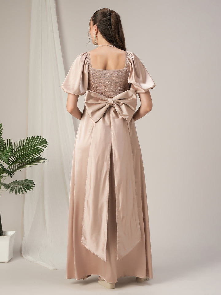 Maternity Pleated Beige Satin Gown with Detachable Bow