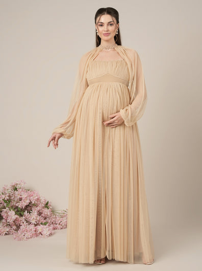 Beige Maternity Baby Shower Party Gown with Detachable Sleeves