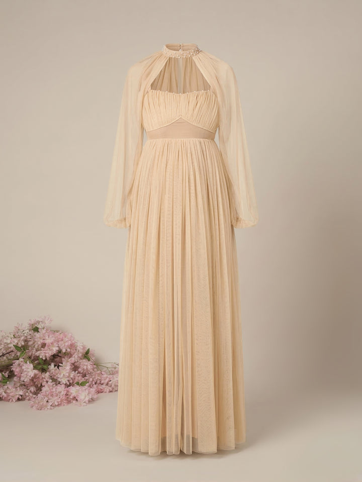 Beige Maternity Baby Shower Party Gown with Detachable Sleeves