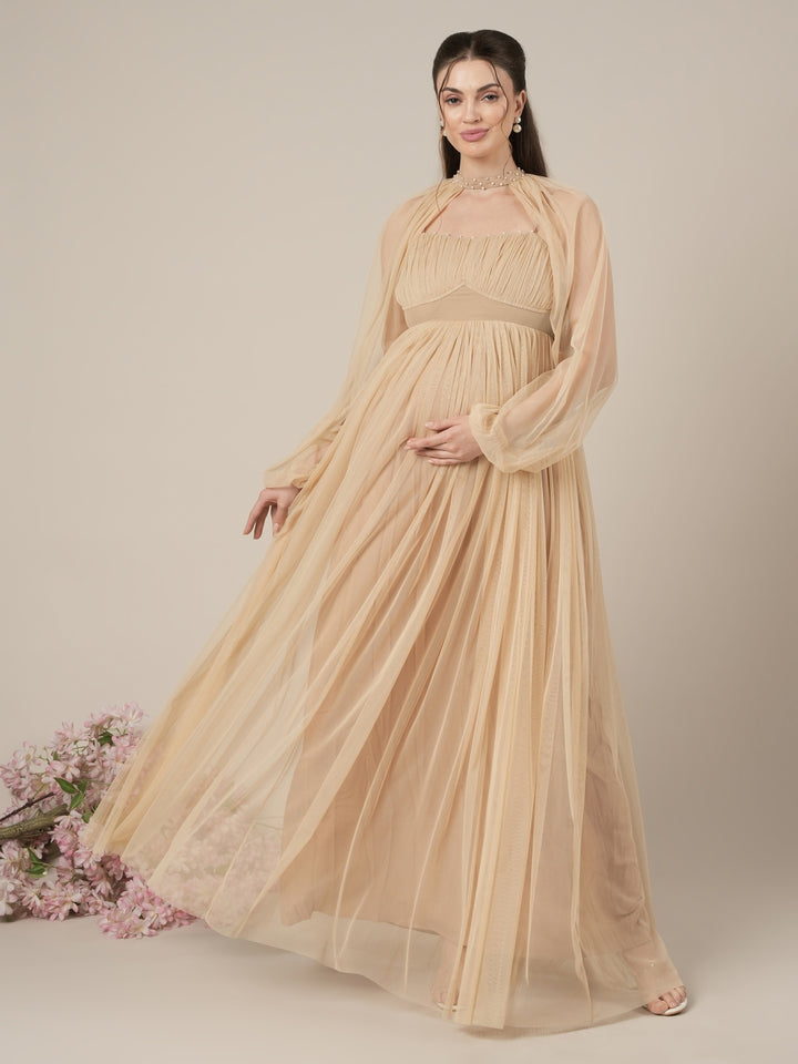 Beige Maternity Baby Shower Party Gown with Detachable Sleeves