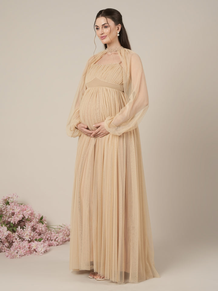 Beige Maternity Baby Shower Party Gown with Detachable Sleeves