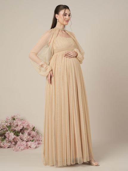Beige Maternity Baby Shower Party Gown with Detachable Sleeves