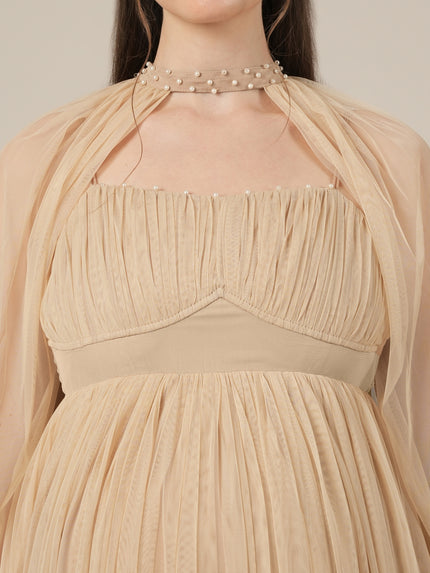 Beige Maternity Baby Shower Party Gown with Detachable Sleeves