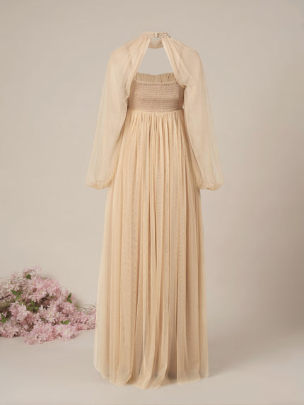 Beige Maternity Baby Shower Party Gown with Detachable Sleeves