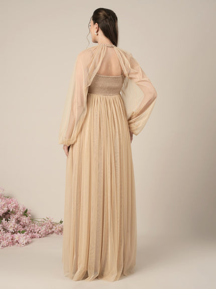 Beige Maternity Baby Shower Party Gown with Detachable Sleeves