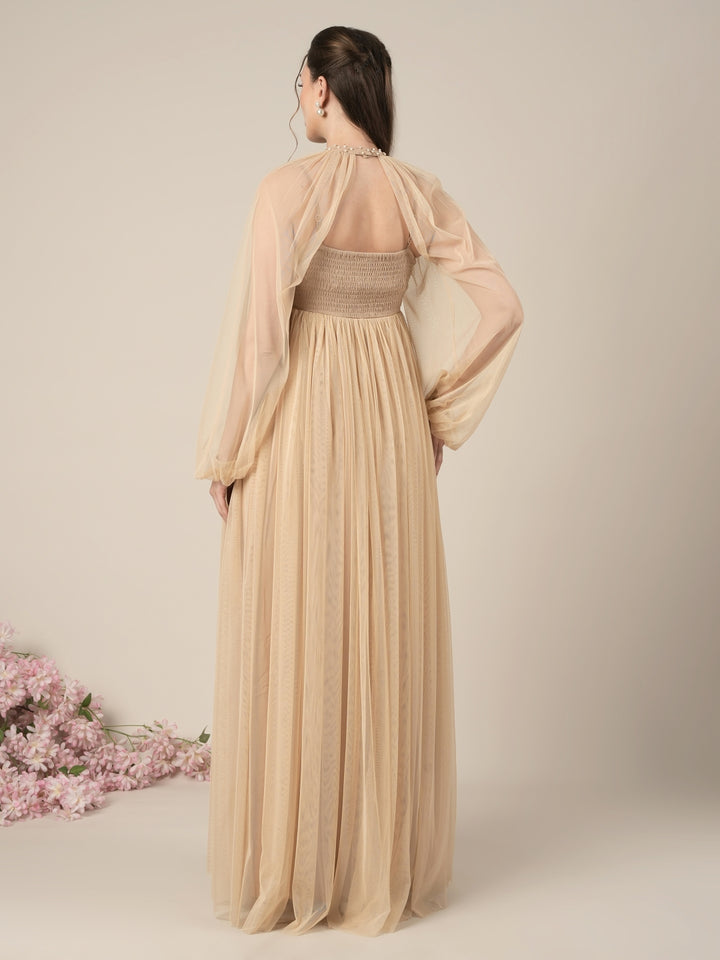 Beige Maternity Baby Shower Party Gown with Detachable Sleeves