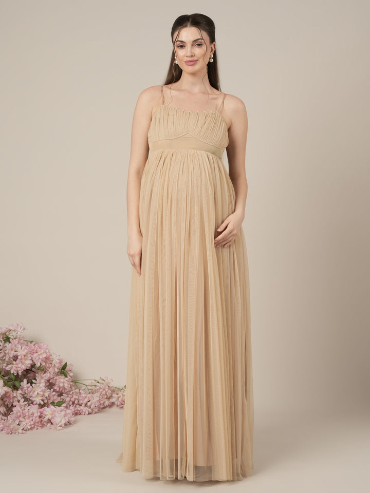Beige Maternity Baby Shower Party Gown with Detachable Sleeves