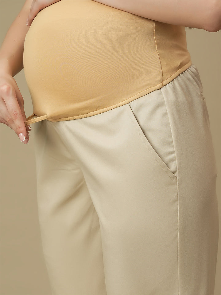 Beige Maternity Wide-leg Formal Trousers
