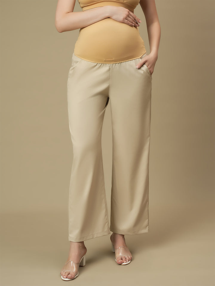 Beige Maternity Wide-leg Formal Trousers