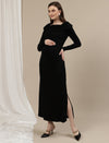 Boat Neck Maternity Bodycon Dress- Black