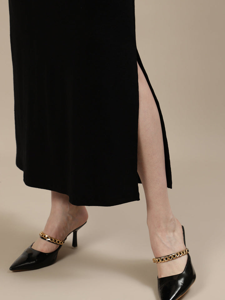 Boat Neck Maternity Bodycon Dress- Black