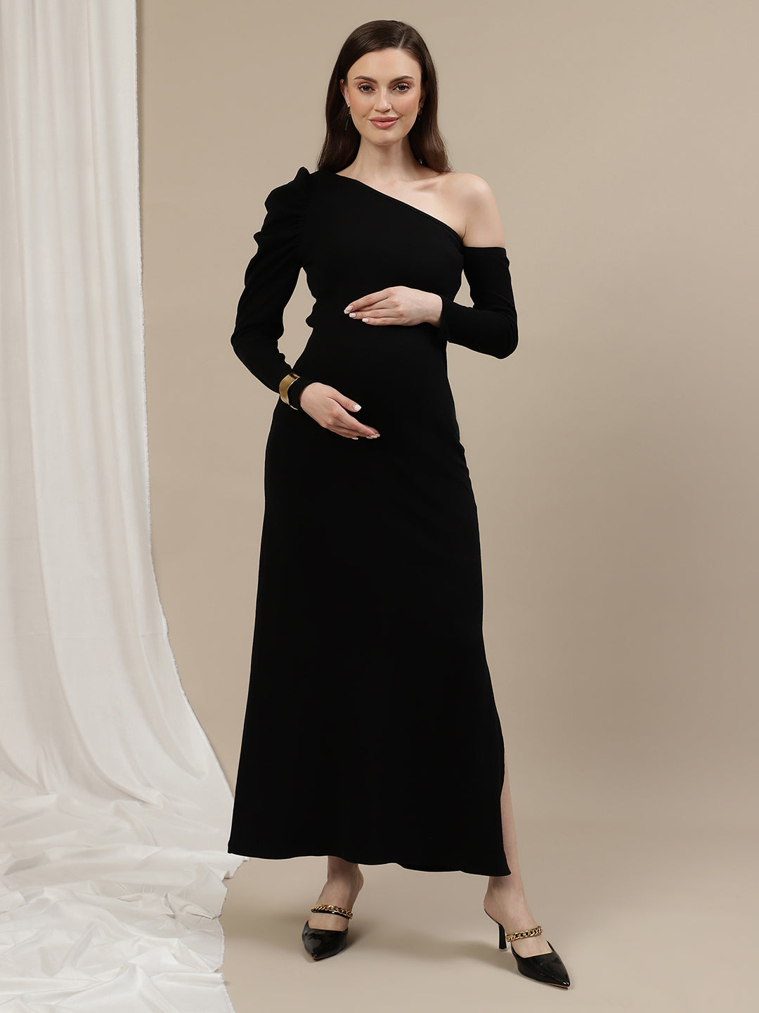 One-Shoulder Maternity Bodycon Dress- Black One-Shoulder Maternity Bodycon Dress- Black