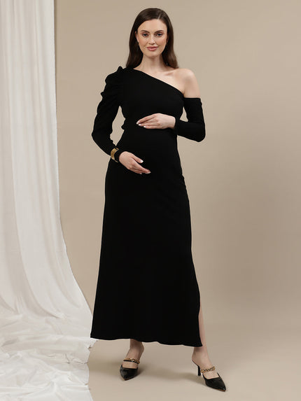 one shoulder maternity dress One-Shoulder Maternity Bodycon Dress- Black