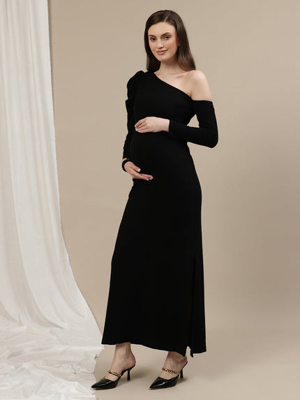 One-Shoulder Maternity Bodycon Dress- Black One-Shoulder Maternity Bodycon Dress- Black