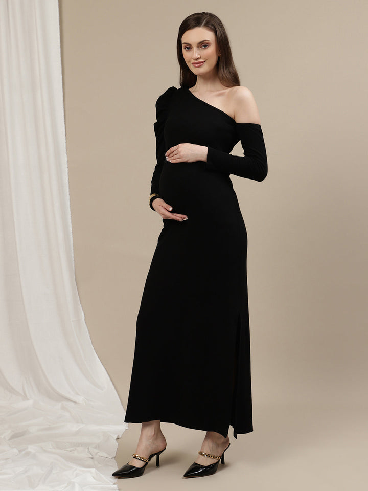 One-Shoulder Maternity Bodycon Dress- Black