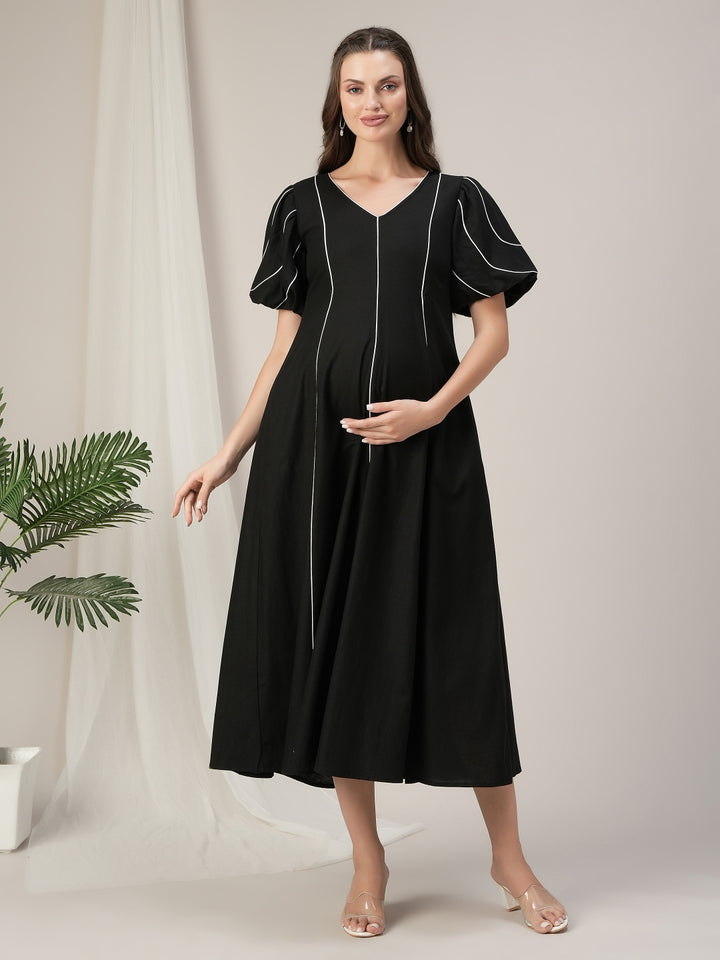 Maternity & Nursing Black Contrast Cotton Maxi Dress