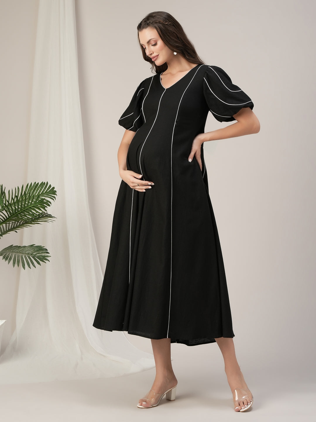 Black Contrast Cotton Maternity & Nursing Maxi Dress