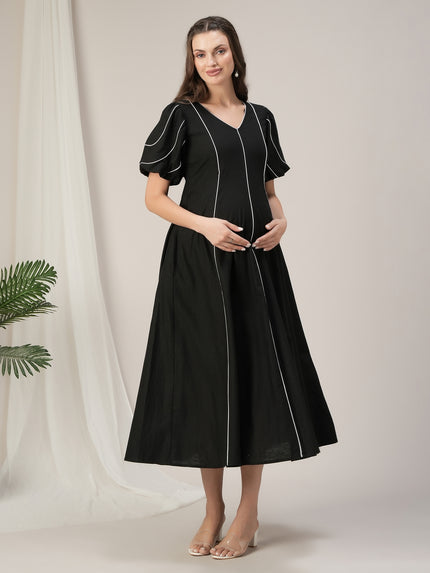 Black Contrast Cotton Maternity & Nursing Maxi Dress