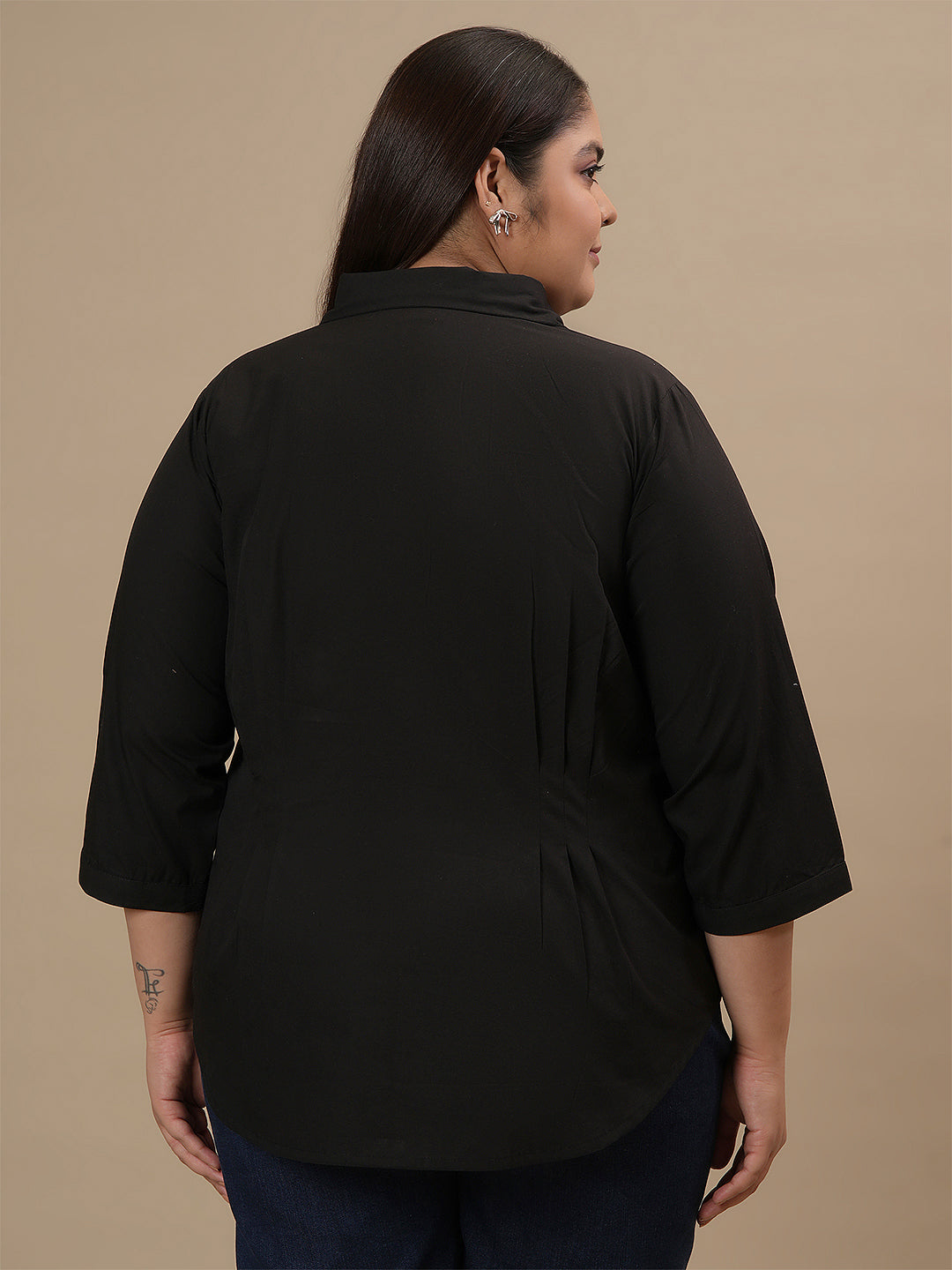 Women Plus Size Black Cotton Shirt with Waist Pleats