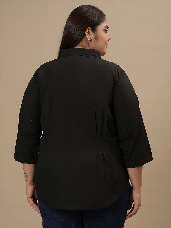 Plus-size woman in back view wearing Black Cotton Plus Size Formal Top with straight hem and smooth back
