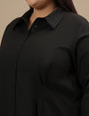 Close-up view of Black Cotton Plus Size Formal Top showing button placket and soft cotton fabric
