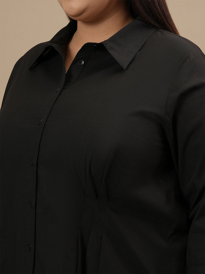 Close-up view of Black Cotton Plus Size Formal Top showing button placket and soft cotton fabric