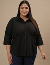 Plus-size woman in front view wearing Black Cotton Plus Size Formal Top with structured fit and button-down front