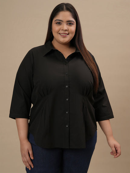 Plus Size Black Cotton Shirt with Waist Pleats - Main Image