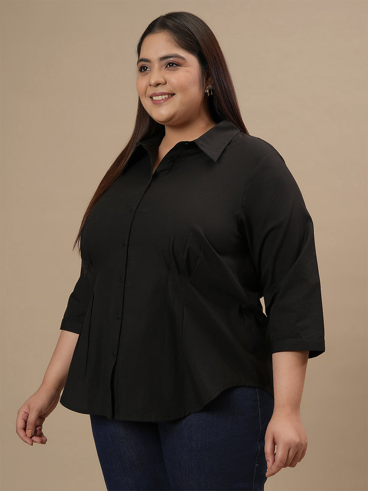 Plus-size woman in left side view wearing Black Cotton Plus Size Formal Top featuring classic shirt design