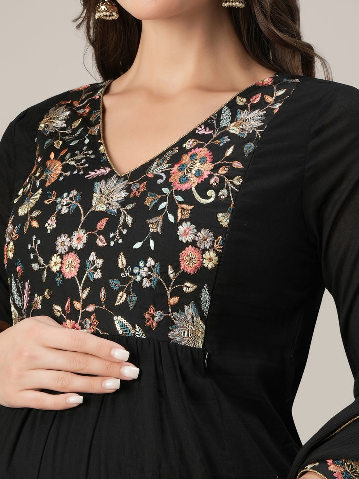 Black Embroidered Maternity & Nursing Kurta Set with Dupatta