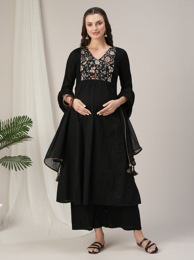 Black Embroidered Maternity & Nursing Kurta Set with Dupatta