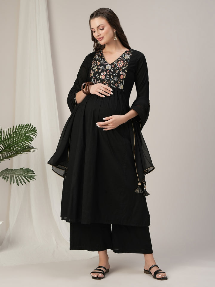 Black Embroidered Maternity & Nursing Kurta Set with Dupatta