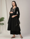 Black Embroidered Maternity & Nursing Kurta Set with Dupatta