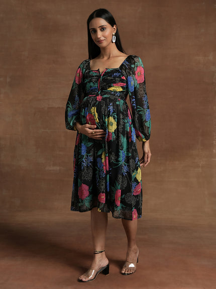Black Floral Maternity Midi Dress