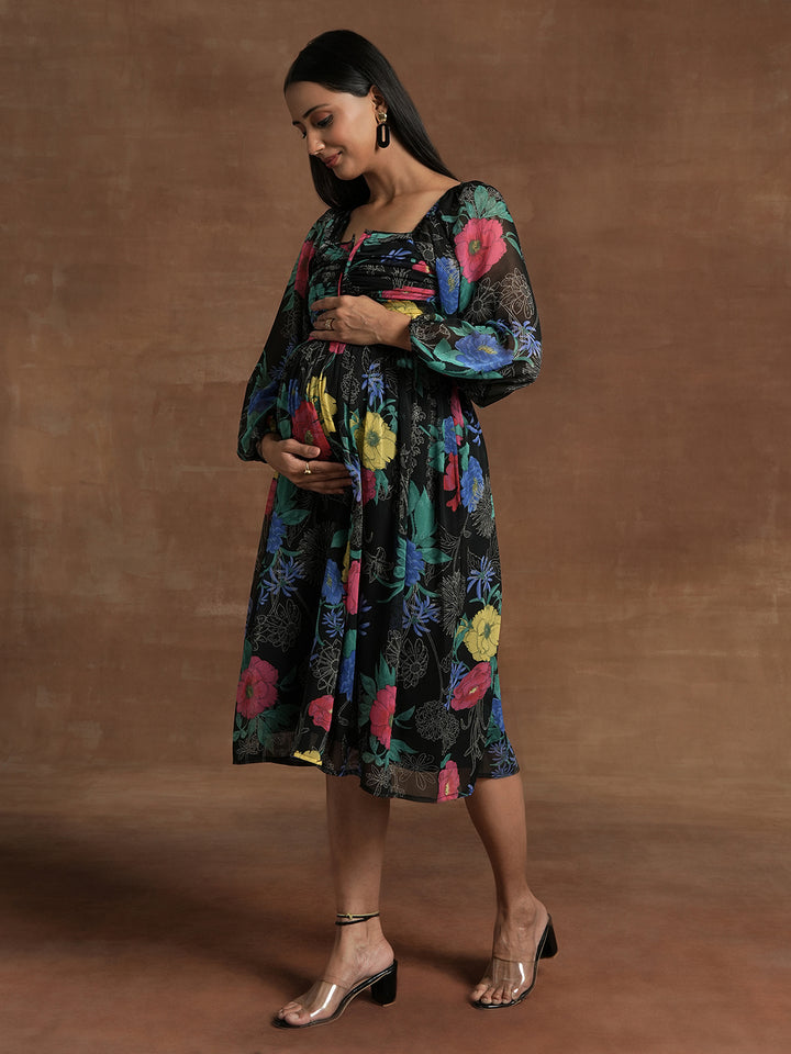 Black Floral Maternity Midi Dress