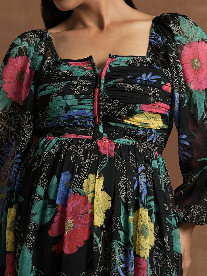 Black Floral Maternity Midi Dress