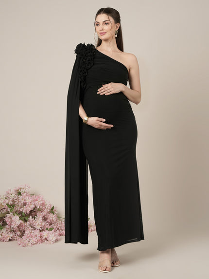 Maternity Black Bodycon Gown with Detachable Train and Sleeves