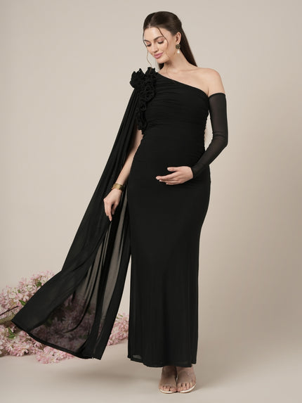 Maternity Black Bodycon Gown with Detachable Train and Sleeves